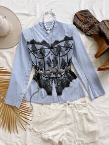 Soleia Neue Damenbluse für Schulanfang, Lässig, Urlaub, Western-Stil, Strand, Hochzeitsgast, Abschluss, Brunch, St. Patrick's Day, Frühlingsferien, Ostern und Musikfestival, elegant, böhmisch, tropisch, mit Spitze, Patchwork, Farbblock und Streifen - Verschiedenfarbig - Übersicht 1