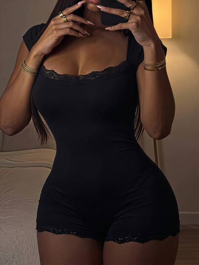 SHEIN SXY Sexy Lace Patchwork Black Fitted Jumpsuit Night Out Date Night Summer,Halloween,Concert Outfit For Women