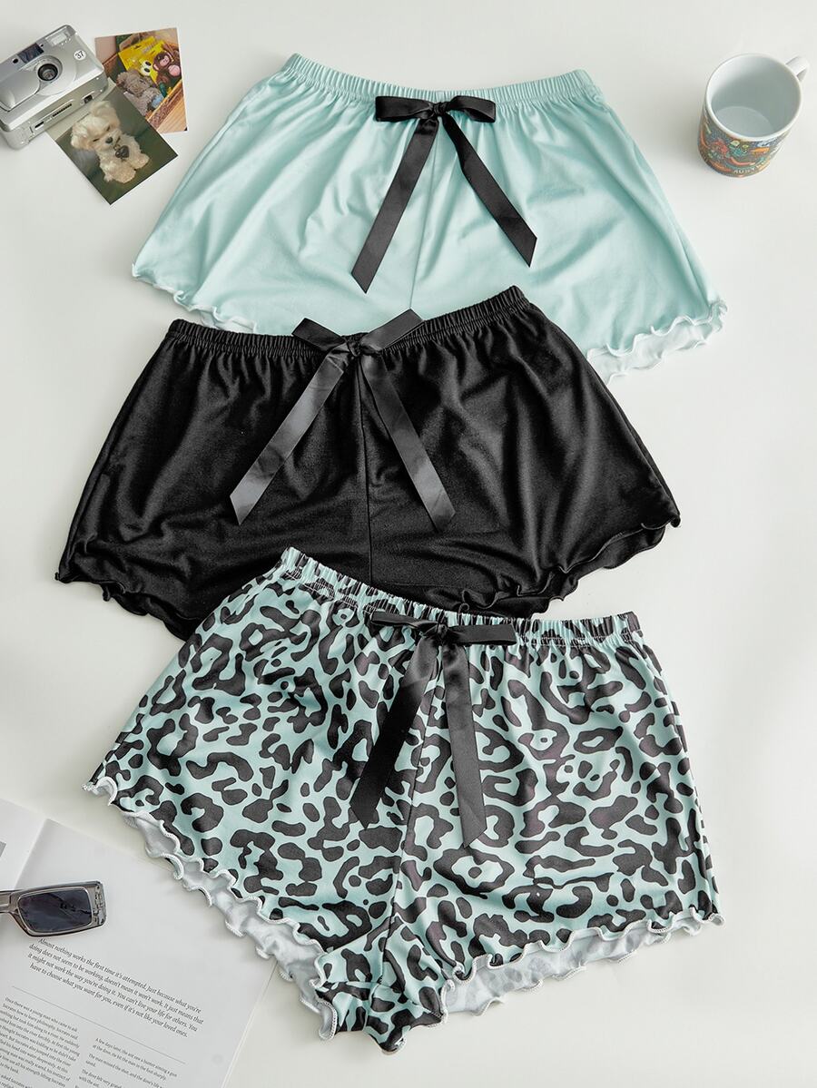 Lowkey Lull 3pcs Leopard Print Knot Waist Sleep Shorts - Multicolor - View 1