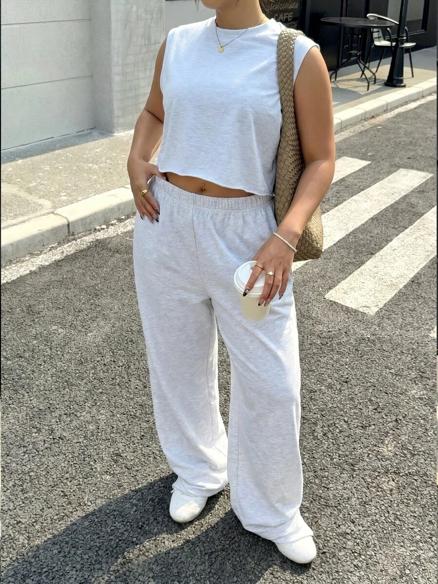 Muchica 大码纯灰色休闲背心和松紧腰裤两件套