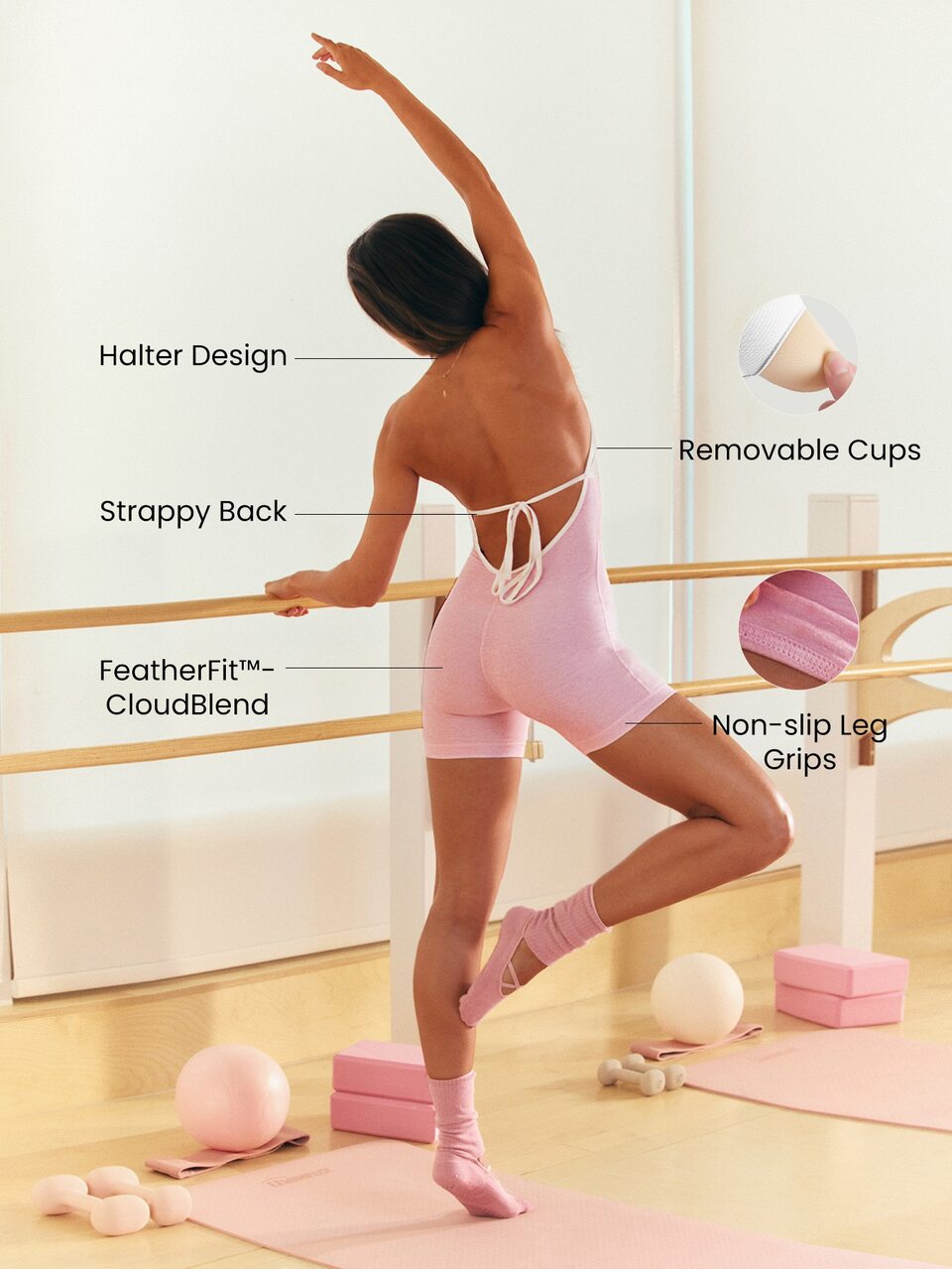 FeatherFit™-CloudBlend Studio Standout Body Ajustable con Halter Bicolor y Copas Removibles para Barre Ballet Studio y Uso Casual Diario