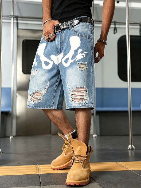 Manfinity EMRG Summer Unisex Distressed Print Denim Shorts