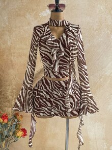 Soleia Ruched Ruffle Long Sleeve Turtleneck Zebra Print 2 Pieces Set - Multicolor - View 4