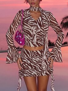 Soleia Ruched Ruffle Long Sleeve Turtleneck Zebra Print 2 Pieces Set - Multicolor - View 5