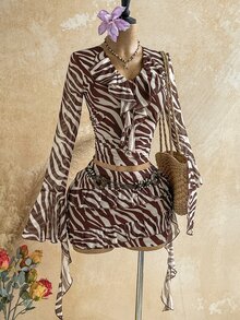 Soleia Ruched Ruffle Long Sleeve Turtleneck Zebra Print 2 Pieces Set - Multicolor - View 1