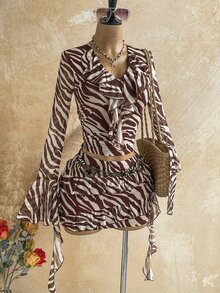 Soleia Ruched Ruffle Long Sleeve Turtleneck Zebra Print 2 Pieces Set - Multicolor - View 3
