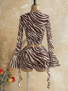 Soleia Ruched Ruffle Long Sleeve Turtleneck Zebra Print 2 Pieces Set - Multicolor - View 2