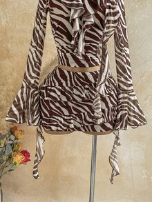 Soleia Ruched Ruffle Long Sleeve Turtleneck Zebra Print 2 Pieces Set - Multicolor - View 6