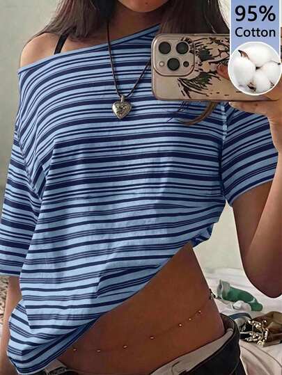 SHEIN EZwear T-shirt femme décontracté minimaliste à imprimé rayures bleues intégral, épaules dénudées, épaules tombantes, manches courtes, coupe ample