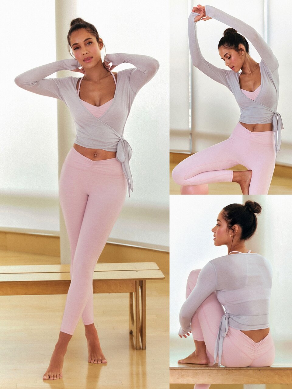 Tencel Wool Blend Elegant Glow Waist Length Deep V-Neck Long Sleeve Wrap Top With Thumbholes Ballet Barre Studio Daily Casual