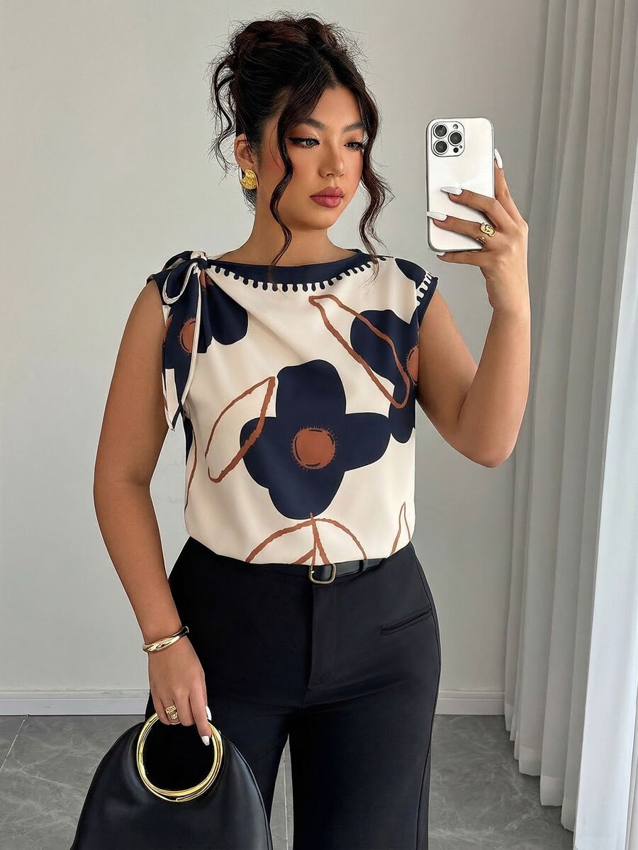 Elenzga Plus Size Women's Spring/Summer Solid Color Floral Print Tie Shoulder Blouse, Suitable For Casual, Fashion Street Style, And Office Wear Chic - Multicolor - View 1