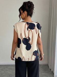 Elenzga 大码女式春夏纯色印花系带露肩衬衫，适合休闲、时尚街头风和办公穿着。 - 彩色 - 查看 2