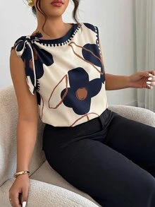 Elenzga 大码女式春夏纯色印花系带露肩衬衫，适合休闲、时尚街头风和办公穿着。 - 彩色 - 查看 5