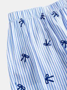 Firerie Kids 2pcs/Set Tween Girls Striped Bow Camisole + Pants Casual Outfit, Fashionable Versatile For Daily, Outing, Camping, Vacation, Matching Family - Blue and White - View 4