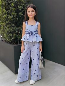Firerie Kids 2pcs/Set Tween Girls Striped Bow Camisole + Pants Casual Outfit, Fashionable Versatile For Daily, Outing, Camping, Vacation, Matching Family - Blue and White - View 3
