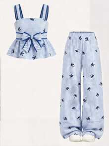 Firerie Kids 2pcs/Set Tween Girls Striped Bow Camisole + Pants Casual Outfit, Fashionable Versatile For Daily, Outing, Camping, Vacation, Matching Family - Blue and White - View 5