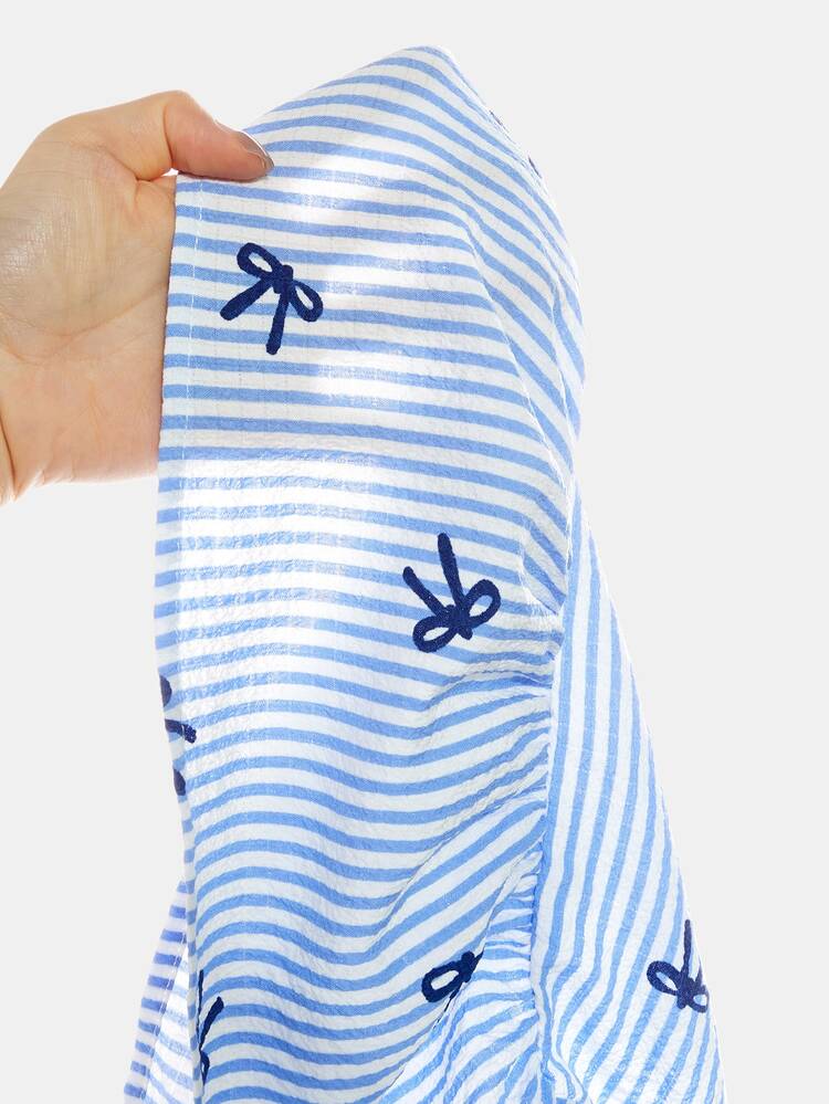Firerie Kids 2pcs/Set Tween Girls Striped Bow Camisole + Pants Casual Outfit, Fashionable Versatile For Daily, Outing, Camping, Vacation, Matching Family - Blue and White - View 6