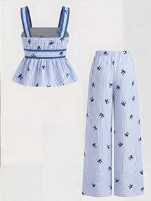 Firerie Kids 2pcs/Set Tween Girls Striped Bow Camisole + Pants Casual Outfit, Fashionable Versatile For Daily, Outing, Camping, Vacation, Matching Family - Blue and White - View 2