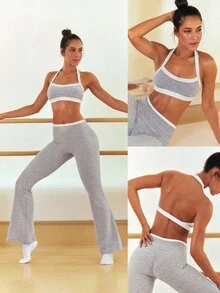 GLOWMODE FeatherFit™-CloudBlend Light & Lifted Two-Tone Open Back Halter Bra With Removable Cups Low Impact Barre Ballet Pilates Daily Casual - Grey - View 8