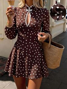 SHEIN PariChic A Modified Short Dress With Chinese Elements And Retro Polka Dot Style, Featuring A High Waist + A-Line Short Dress Silhouette, Combines Classical - Brown - View 3
