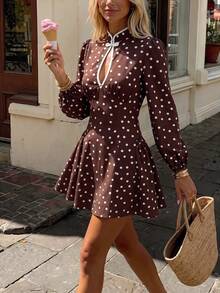 SHEIN PariChic A Modified Short Dress With Chinese Elements And Retro Polka Dot Style, Featuring A High Waist + A-Line Short Dress Silhouette, Combines Classical - Brown - View 5