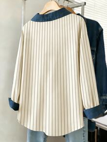 Resyla Plus Size Women Summer Striped Denim Effect Shirt Fall - Multicolor - View 2