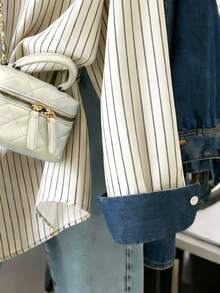 Resyla Plus Size Women Summer Striped Denim Effect Shirt Fall - Multicolor - View 4