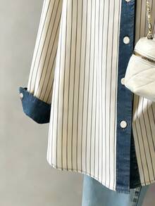 Resyla Plus Size Women Summer Striped Denim Effect Shirt Fall - Multicolor - View 3
