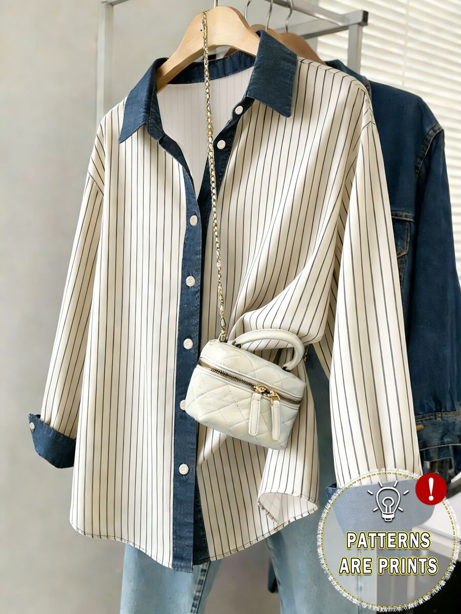 Resyla Plus Size Women Summer Striped Denim Effect Shirt Fall - Multicolor - View 1