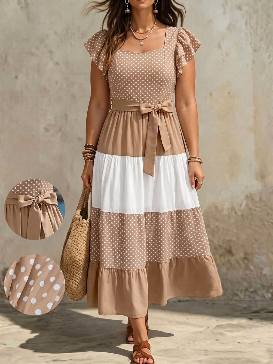 Breezaya Plus Size Versatile Elegant Color-Block Double Layer Flutter Sleeve Dress - Multicolor - View 1