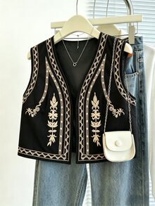 Franclia 女士夏季沙滩度假刺绣轻薄背心外套 - 黑色 - 查看 6
