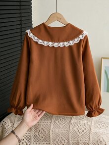SHEIN Sparklyn 女童春秋學院風優雅返校蕾絲長袖娃娃上衣 教師風上衣 幼兒女童長袖上衣 秋季服飾 - 卡其色 - 查看 2
