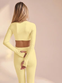 Aralina 女款純色打結設計長袖短版運動T恤 - Butter Yellow - 查看 4