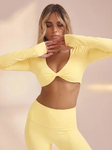 Aralina 女款純色打結設計長袖短版運動T恤 - Butter Yellow - 查看 5