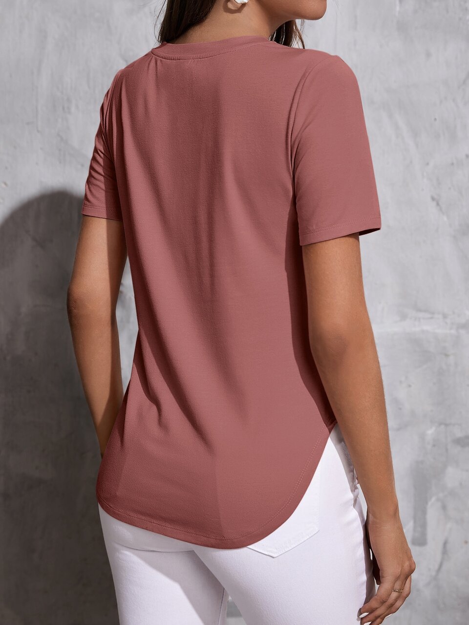 Button Detail Curved Hem Tee,Casual