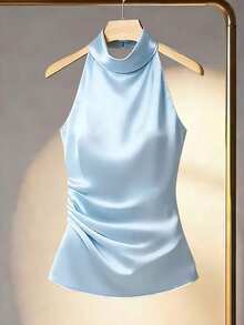 Franclia Women's Solid Color Halter Neck Drape Elegant Fitted Blouse, Summer Halter Top Sleeveless Top Blue Top Satin Top Ruched Top - Blue - View 3