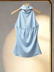 Franclia Women's Solid Color Halter Neck Drape Elegant Fitted Blouse, Summer Halter Top Sleeveless Top Blue Top Satin Top Ruched Top - Blue - View 2