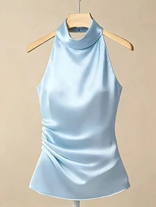 Franclia Women's Solid Color Halter Neck Drape Elegant Fitted Blouse, Summer Halter Top Sleeveless Top Blue Top Satin Top Ruched Top - Blue - View 4