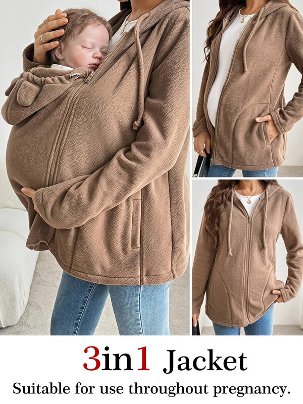 SHEIN Maternity Captain Sleeve Zip-Up Hooded 3-In-1 Jacket Fall Fall/Winter Casual