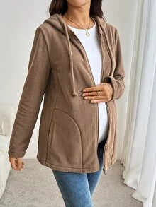 SHEIN Maternity Captain Sleeve Zip-Up Hooded 3-In-1 Jacket Fall Fall/Winter Casual - Khaki - View 4
