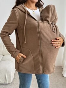 SHEIN Maternity Captain Sleeve Zip-Up Hooded 3-In-1 Jacket Fall Fall/Winter Casual - Khaki - View 6