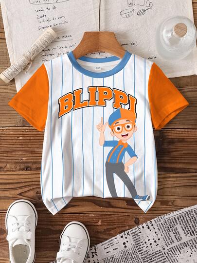 Blippi X SHEIN Camiseta de verano casual para niño joven con bloques de color, rayas e impresión de dibujos animados