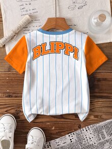 Blippi X SHEIN 小男孩夏季休閒拼色條紋卡通印花T恤 - 白色 - 查看 2