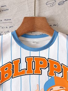 Blippi X SHEIN 小男孩夏季休閒拼色條紋卡通印花T恤 - 白色 - 查看 5
