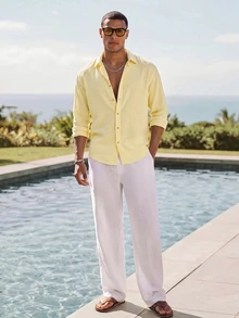 HIMLAND Men's Casual Versatile Solid Color Long Sleeve Shirt - Light Yellow - View 5