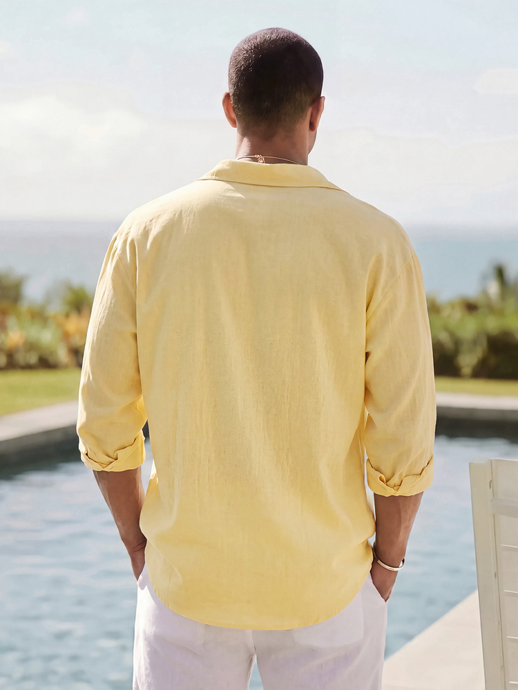 HIMLAND Camisa de manga larga de unicolor versátil y casual para hombre - Amarillo claro - Añade 2