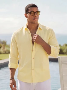 HIMLAND Men's Casual Versatile Solid Color Long Sleeve Shirt - Light Yellow - View 4