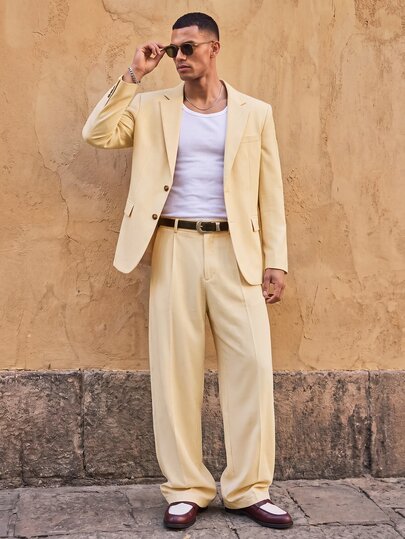 HIMLAND Men Solid Apricot Blazer Single Breasted Notched Lapel Two Button Relaxed Fit Flap Pocket Lightweight Smart Casual Suit Jacket Spring Fall Outerwear