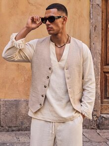 HIMLAND Men's Solid Color V-Neck Single-Breasted Casual Suit Vest - Beige - View 1