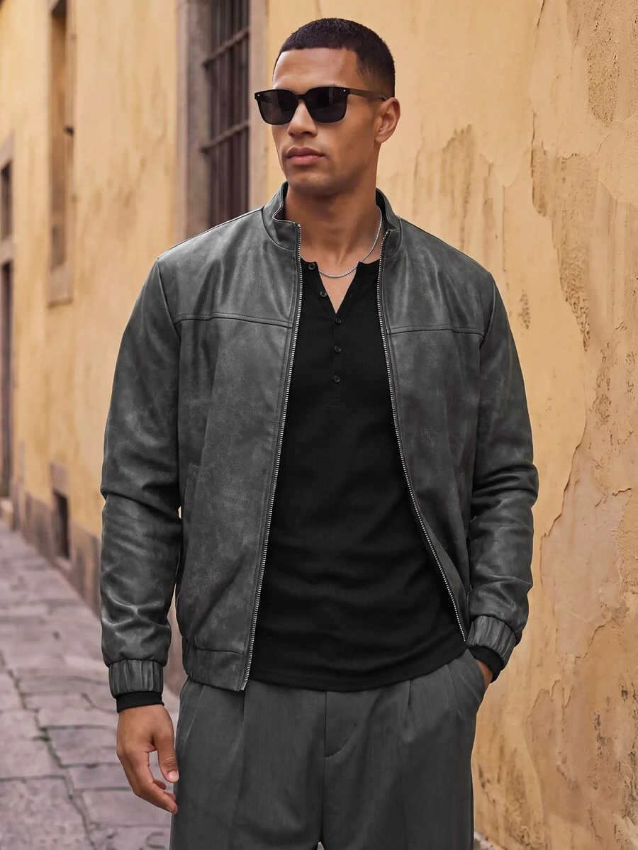 HIMLAND Men's Autumn Fashion Vintage Leather Jacket - Grey - View 1